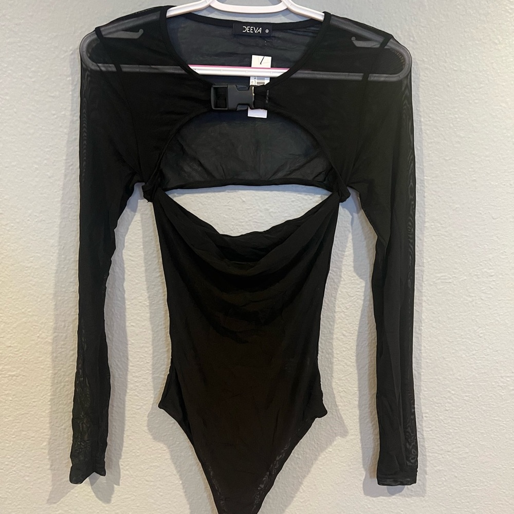 Women Buckle Up Black Mesh Bodysuit